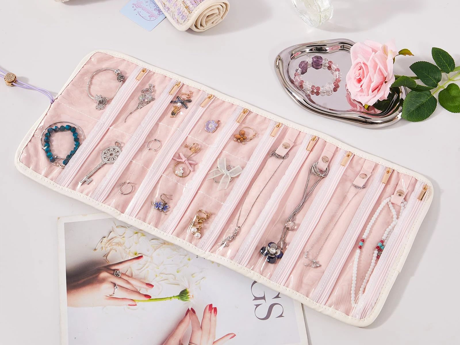 Travel Jewelry Organizer Roll with Zippered Pockets | Tangle-Free Portable Jewelry Storage Bag for Women | Holder for Necklaces, Earrings, Rings, Bracelets(purple)