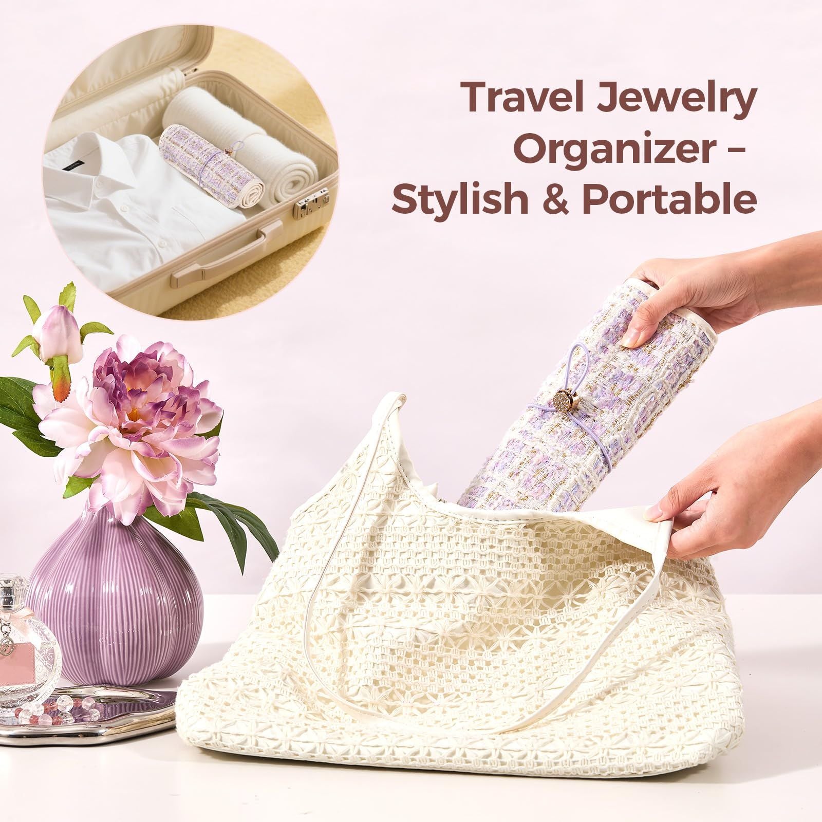 Travel Jewelry Organizer Roll with Zippered Pockets | Tangle-Free Portable Jewelry Storage Bag for Women | Holder for Necklaces, Earrings, Rings, Bracelets(purple)