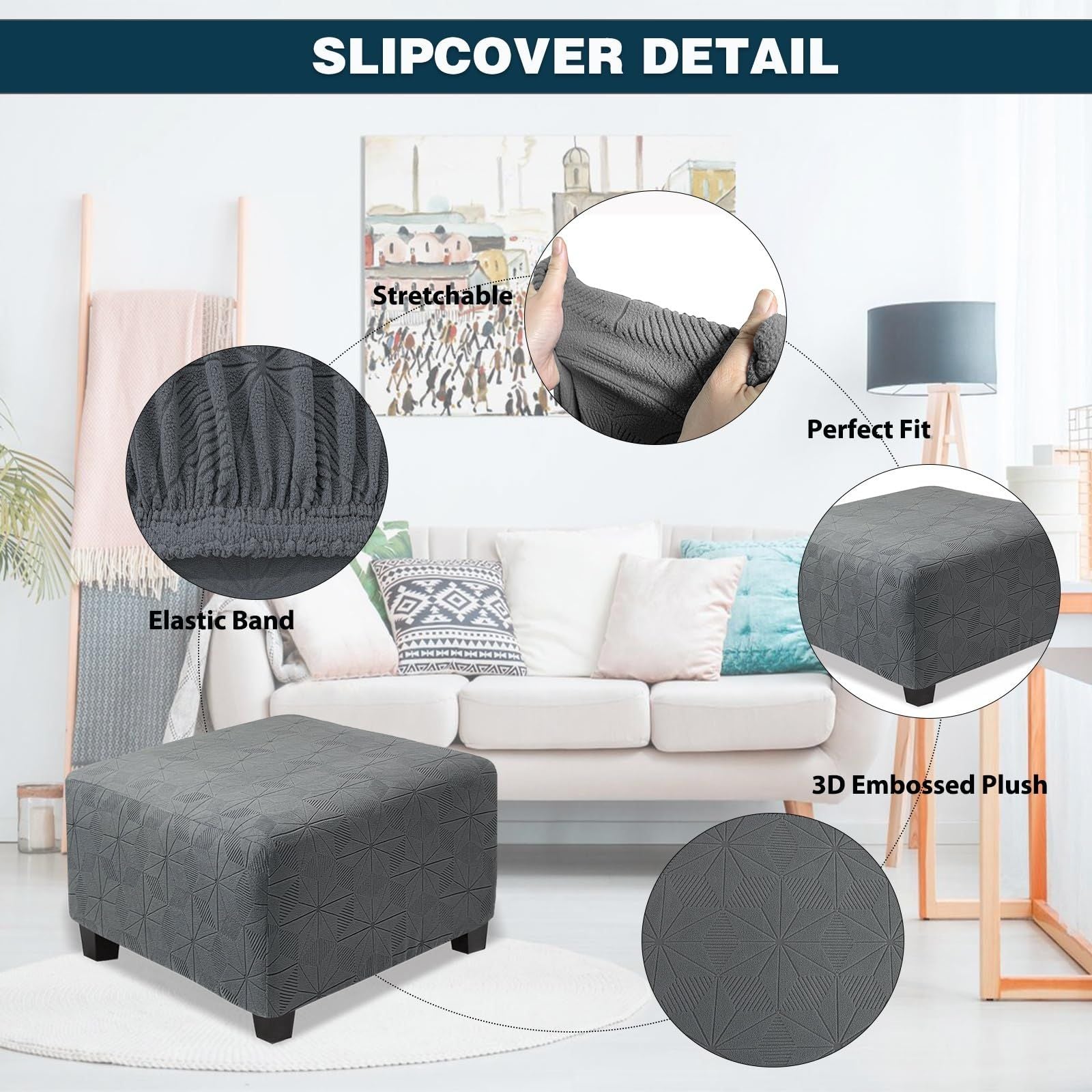 Cover Rectangle Large Thick Stretchable Slipcover for Square and Rectangle Furniture Protector Footstool Cover for Living Room Decor,Dark Grey,S