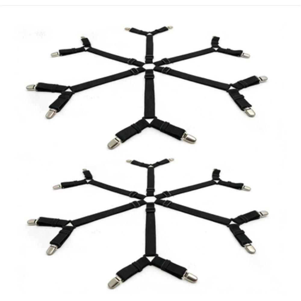 2pcs Sheet Clips,Under Mattress Bed/Fitted Sheet Fastener,Long Strap Clip Bands,6 sides with 12 black clips(Black)