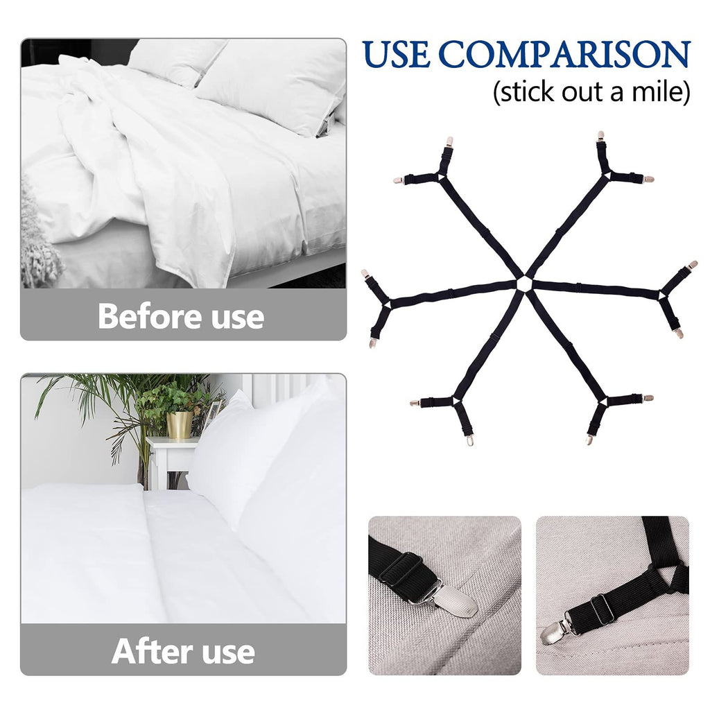 2pcs Sheet Clips,Under Mattress Bed/Fitted Sheet Fastener,Long Strap Clip Bands,6 sides with 12 black clips(Black)