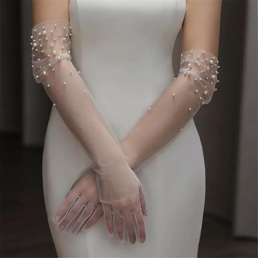 Long Pearl Wedding Gloves Tulle Bridal Gloves Sheer Long Bridal Sleeves Opera Prom Party Costumes for Women