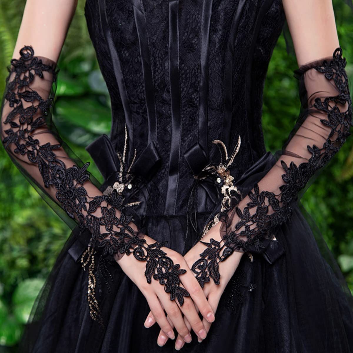 Women's Long Lace Fingerless Gloves Sheer Mesh Tulle Elbow Length Gloves for Bridal Wedding Party Prom Dance Opera（black）