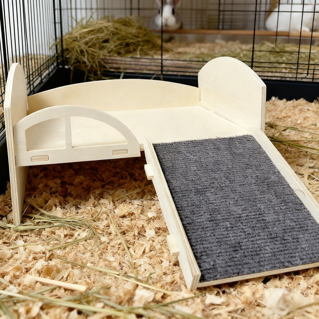 Wooden Guinea Pig Rabbit Bed with Stable Stairs & Mat Castle for Dwarf Rabbit Chinchillas Hamster Ferret for Fun（Right staircase）