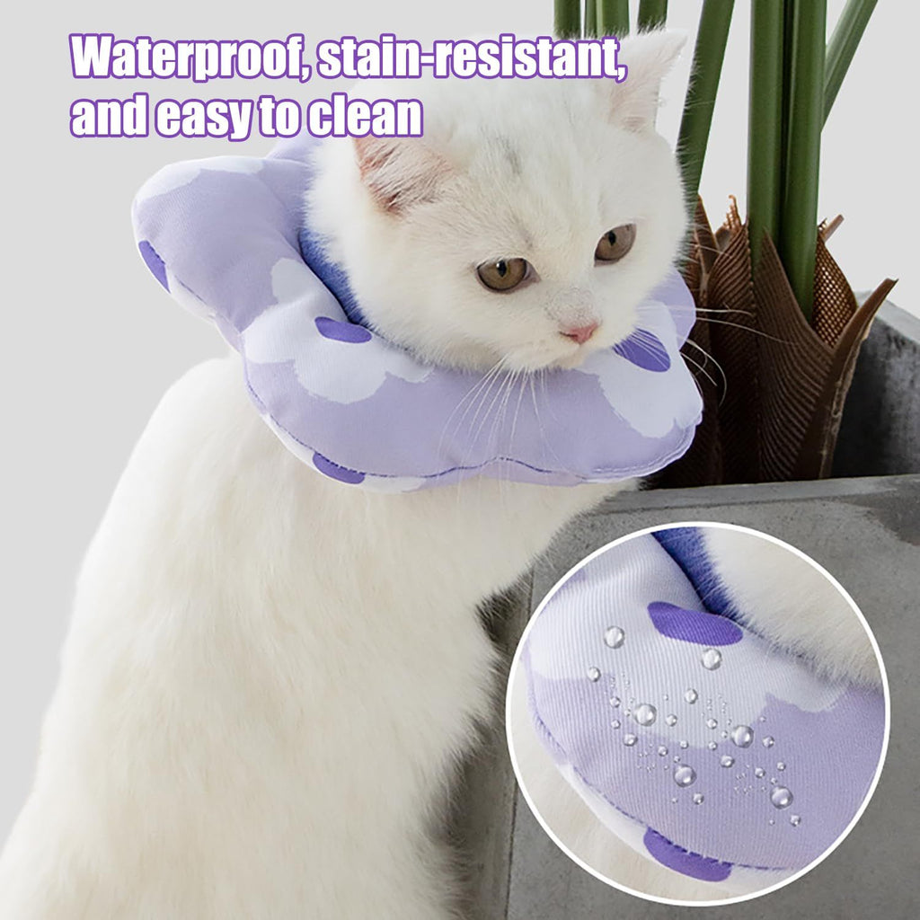 Cat Cone Collar,Cute Waterproof Cat Recovery Collar,Anti-Bite Lick Wound Healing Safety Elizabethan e Collar for Cats,Purple Flower All-Season Style(S)