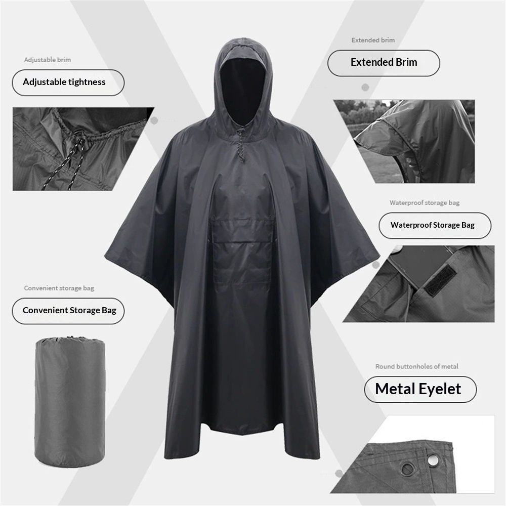 Hooded Rain Poncho for Adult with Pocket, Waterproof Lightweight Unisex Raincoat for Hiking Camping Emergency（black）