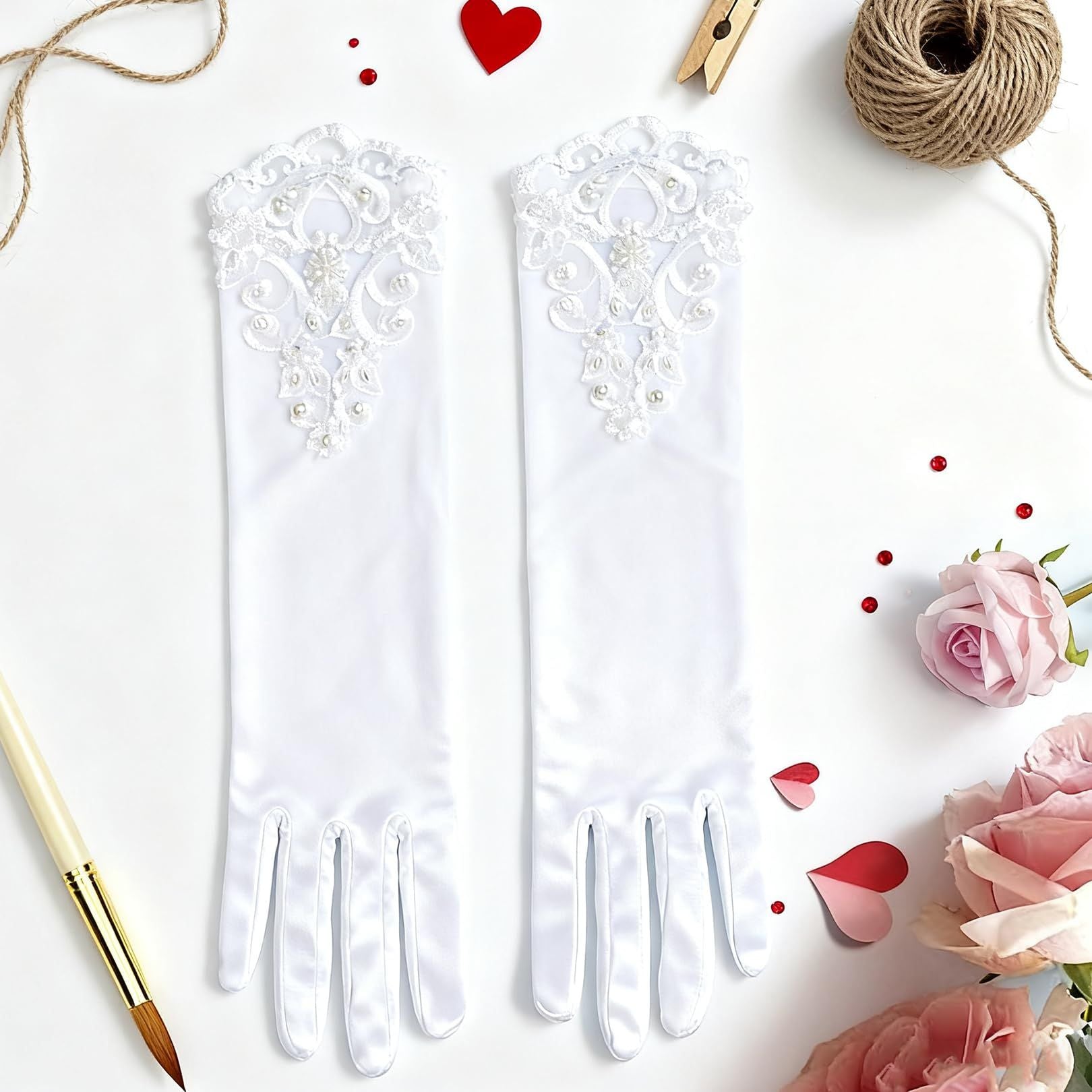 Elegant Satin Lace Gloves Long Bridal Gloves for Bride Flower Girls Women Wedding Prom Party（Hand embroidered bead white）