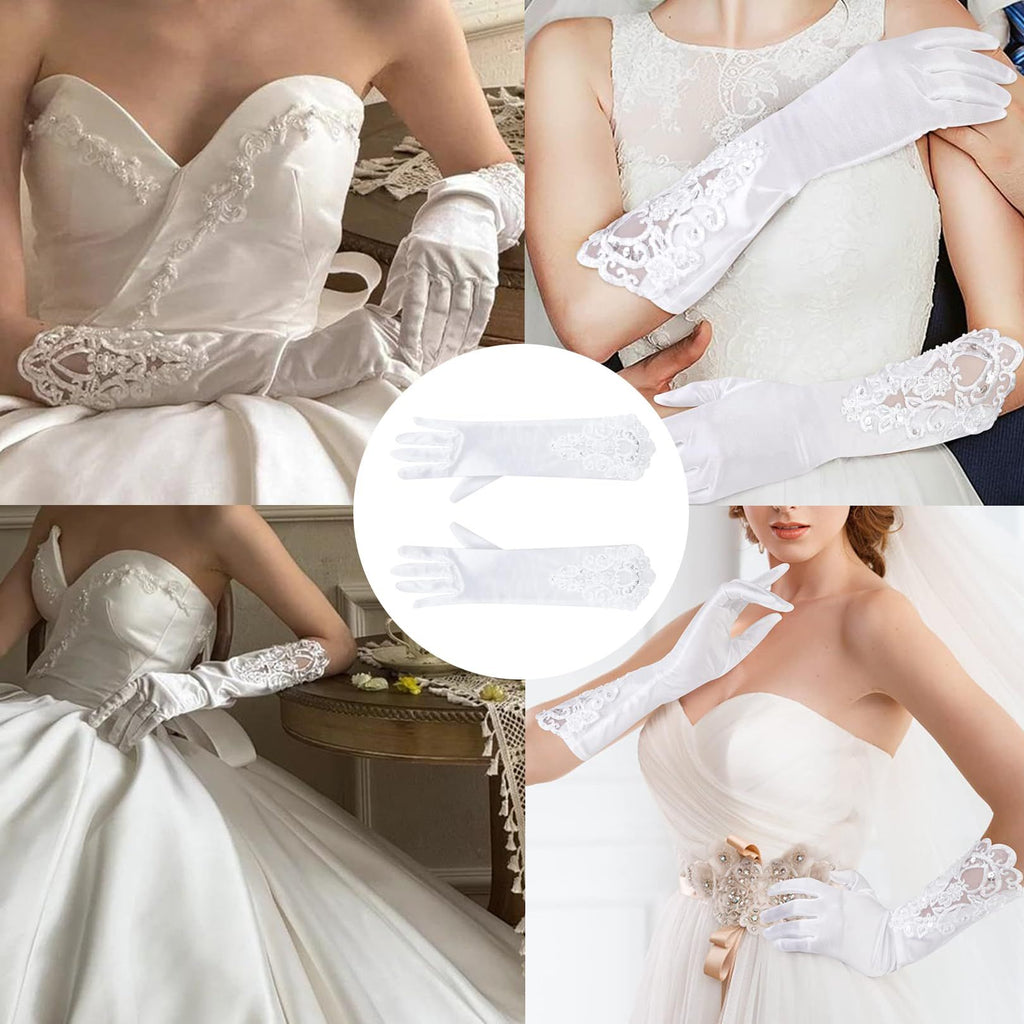 Elegant Satin Lace Gloves Long Bridal Gloves for Bride Flower Girls Women Wedding Prom Party（Hand embroidered bead white）