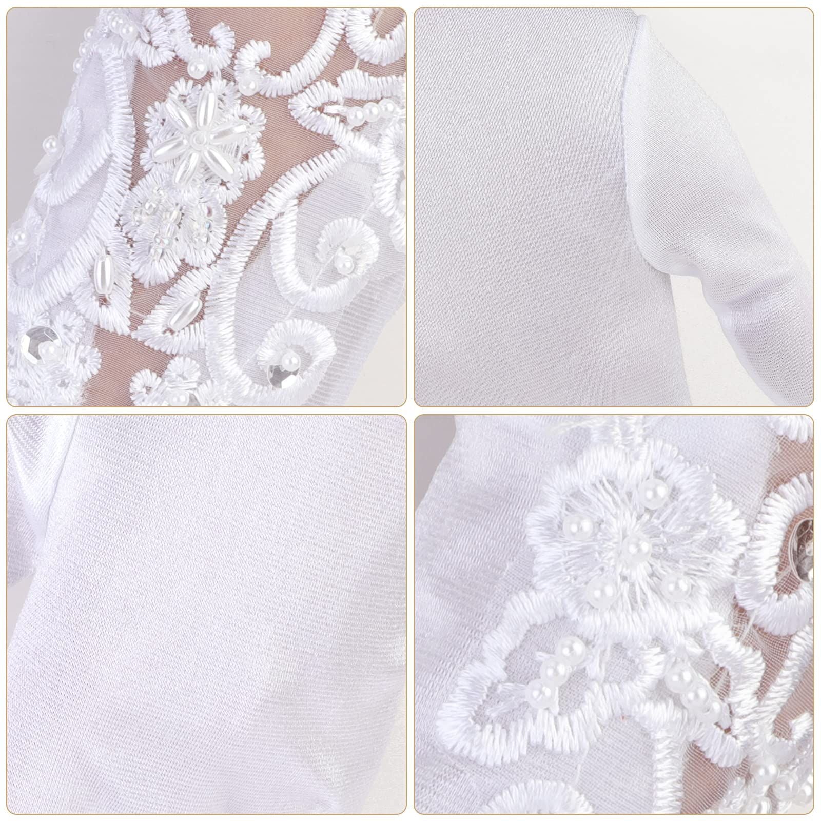 Elegant Satin Lace Gloves Long Bridal Gloves for Bride Flower Girls Women Wedding Prom Party（Hand embroidered bead white）