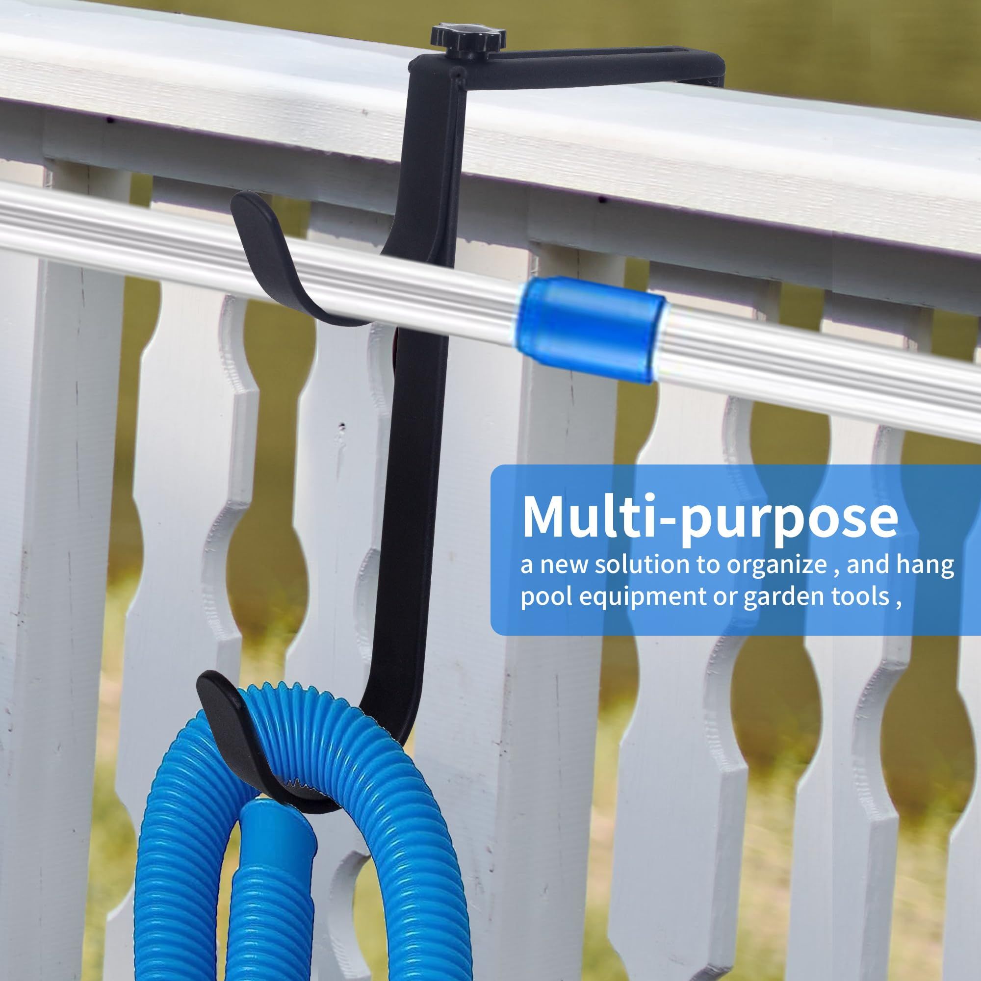 Heavy Duty Pool Pole Hangers - Adjustable Hooks for Poles, Hoses, Skimmers - Black Fence Hooks for Hanging Swimming Pool Accessories - Garden Tools (2 Pack)