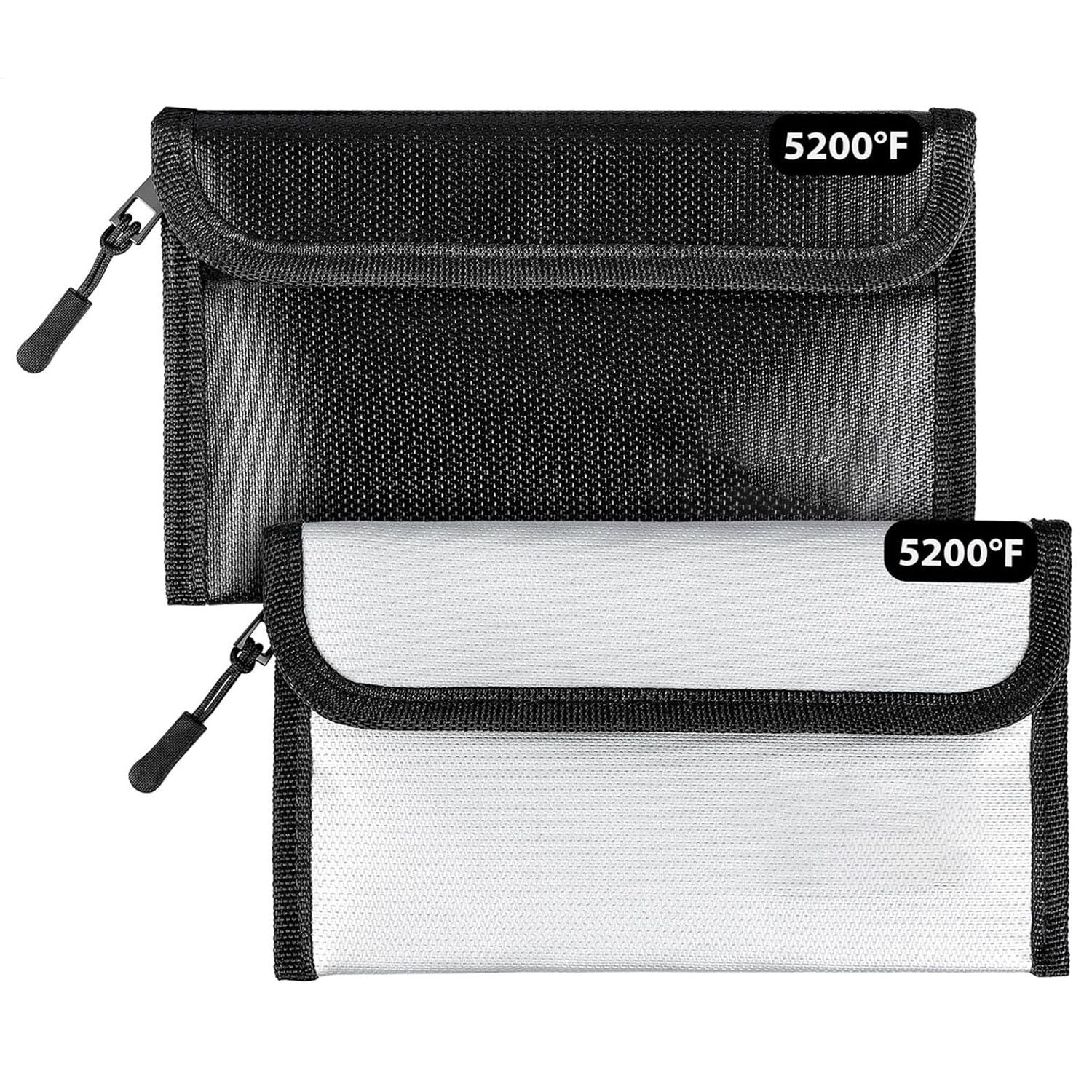 Fireproof Bag (8 x 5 inches) 5200℉ Heat Insulated, Fireproof Money Bag with Zipper for Cash (2-Pack  Black, white)