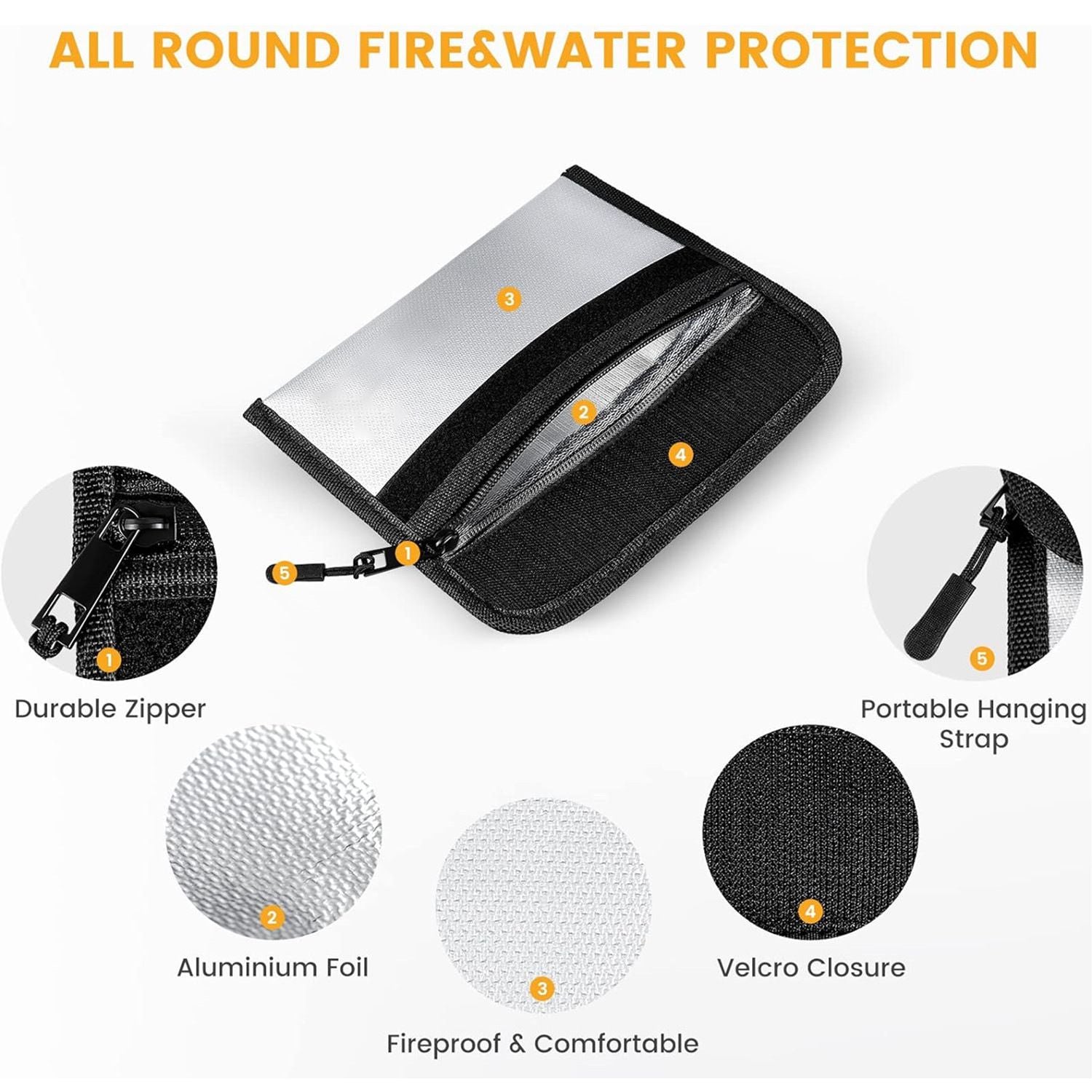 Fireproof Bag (8 x 5 inches) 5200℉ Heat Insulated, Fireproof Money Bag with Zipper for Cash (2-Pack  Black, white)