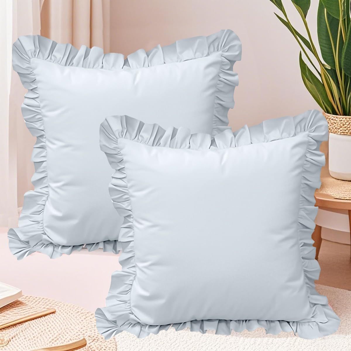 A set of two light blue pleated European style pillowcases, chic farmhouse European style pillowcases, retro super soft and breathable, suitable for bedrooms