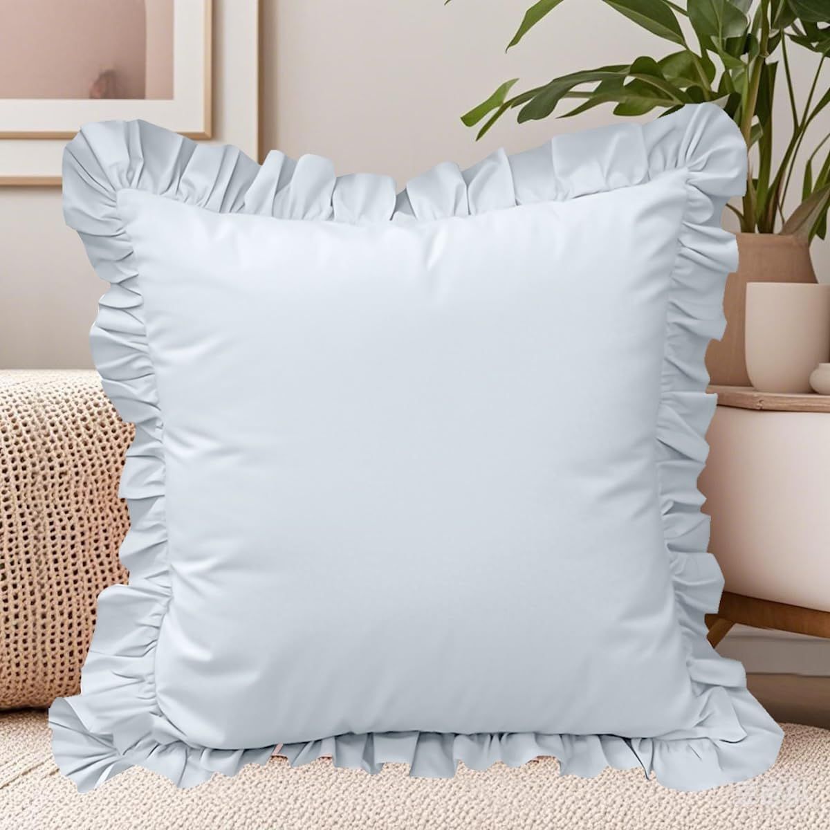 A set of two light blue pleated European style pillowcases, chic farmhouse European style pillowcases, retro super soft and breathable, suitable for bedrooms