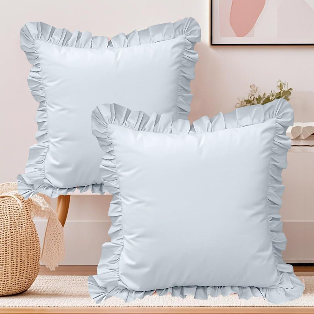 A set of two light blue pleated European style pillowcases, chic farmhouse European style pillowcases, retro super soft and breathable, suitable for bedrooms