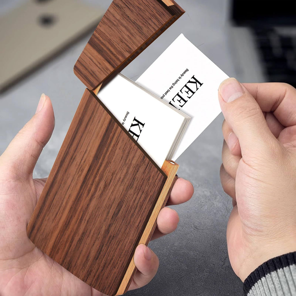 Wood Business Card Holder Wooden Magnetic Business Card Case Portable Simple (Black Walnut)