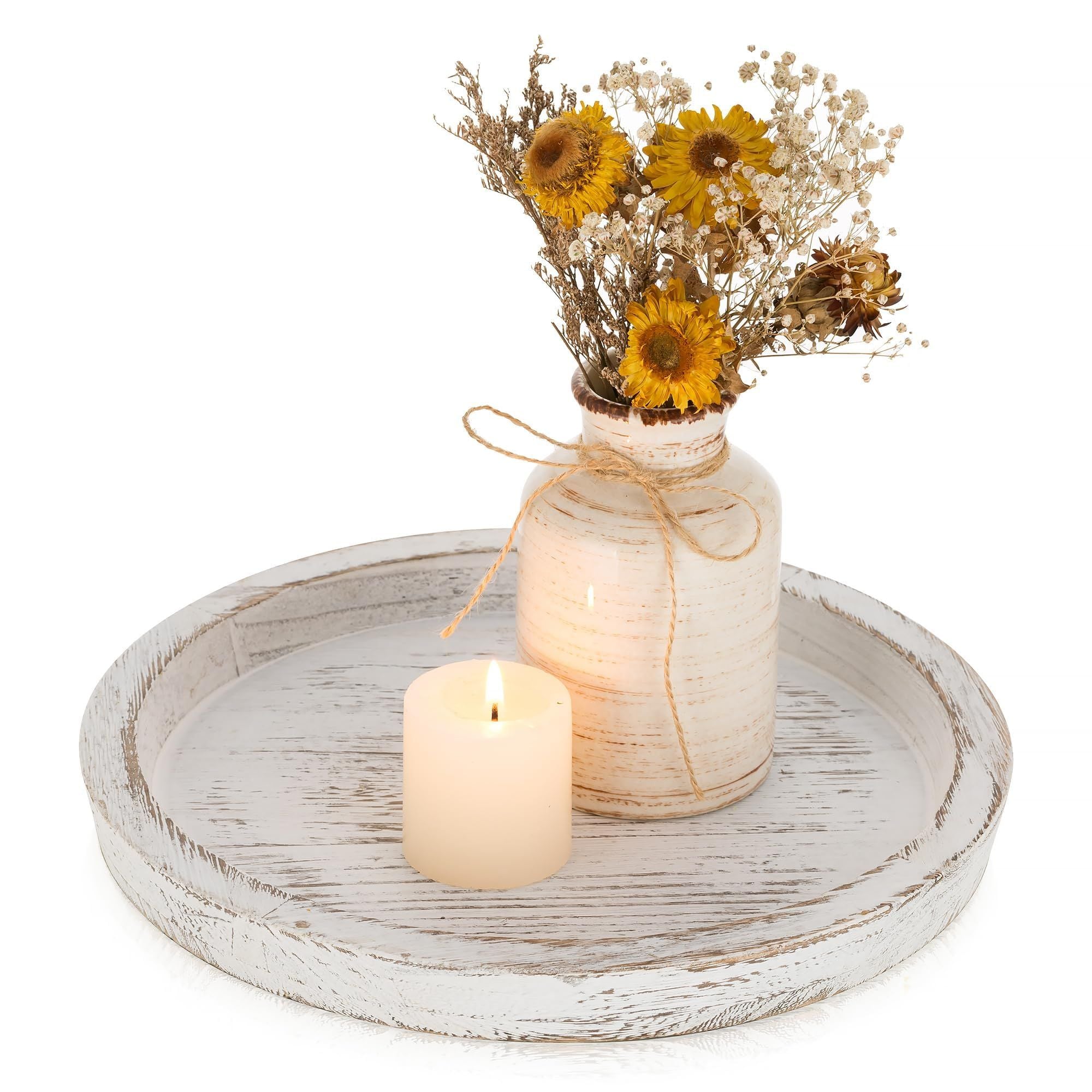 Rustic Wooden Tray Candle Holder - Round Wood Decorative Pillar Candle Tray for Coffee Table Farmhouse Kitchen Countertop Organizer Home Decor Wedding Centerpiece, Distressed White