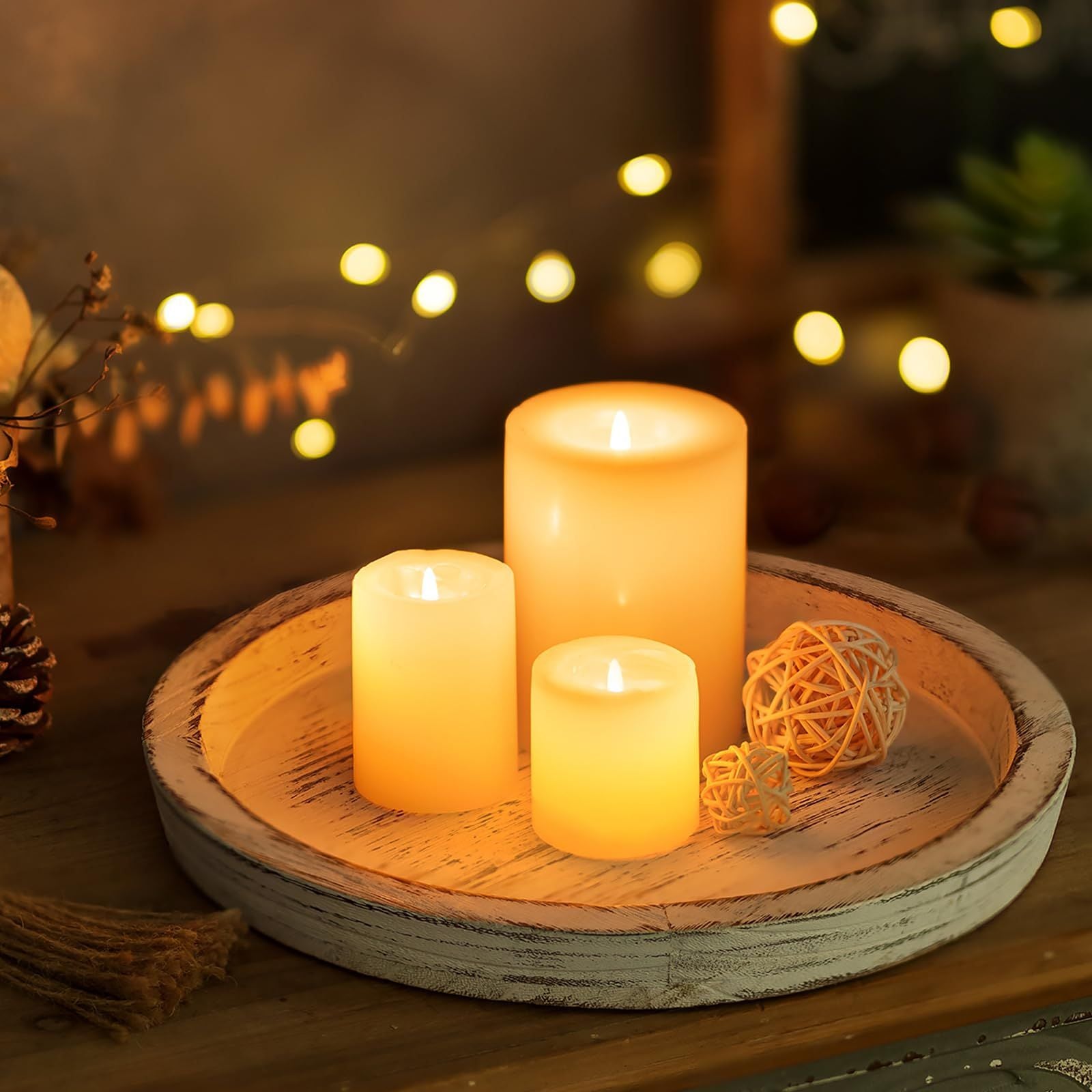Rustic Wooden Tray Candle Holder - Round Wood Decorative Pillar Candle Tray for Coffee Table Farmhouse Kitchen Countertop Organizer Home Decor Wedding Centerpiece, Distressed White