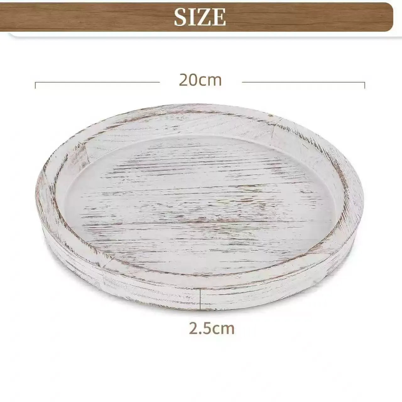Rustic Wooden Tray Candle Holder - Round Wood Decorative Pillar Candle Tray for Coffee Table Farmhouse Kitchen Countertop Organizer Home Decor Wedding Centerpiece, Distressed White