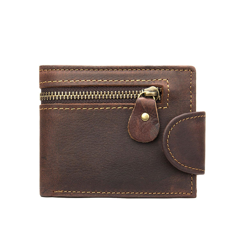 Leather Snap Wallet for Men, Multifunctional Large Capacity Vintage Wallet Bifold Zipper Wallet Men Short Head Cowhide Wallet (Brown)