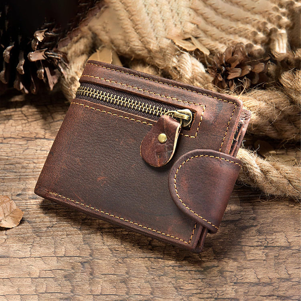 Leather Snap Wallet for Men, Multifunctional Large Capacity Vintage Wallet Bifold Zipper Wallet Men Short Head Cowhide Wallet (Brown)
