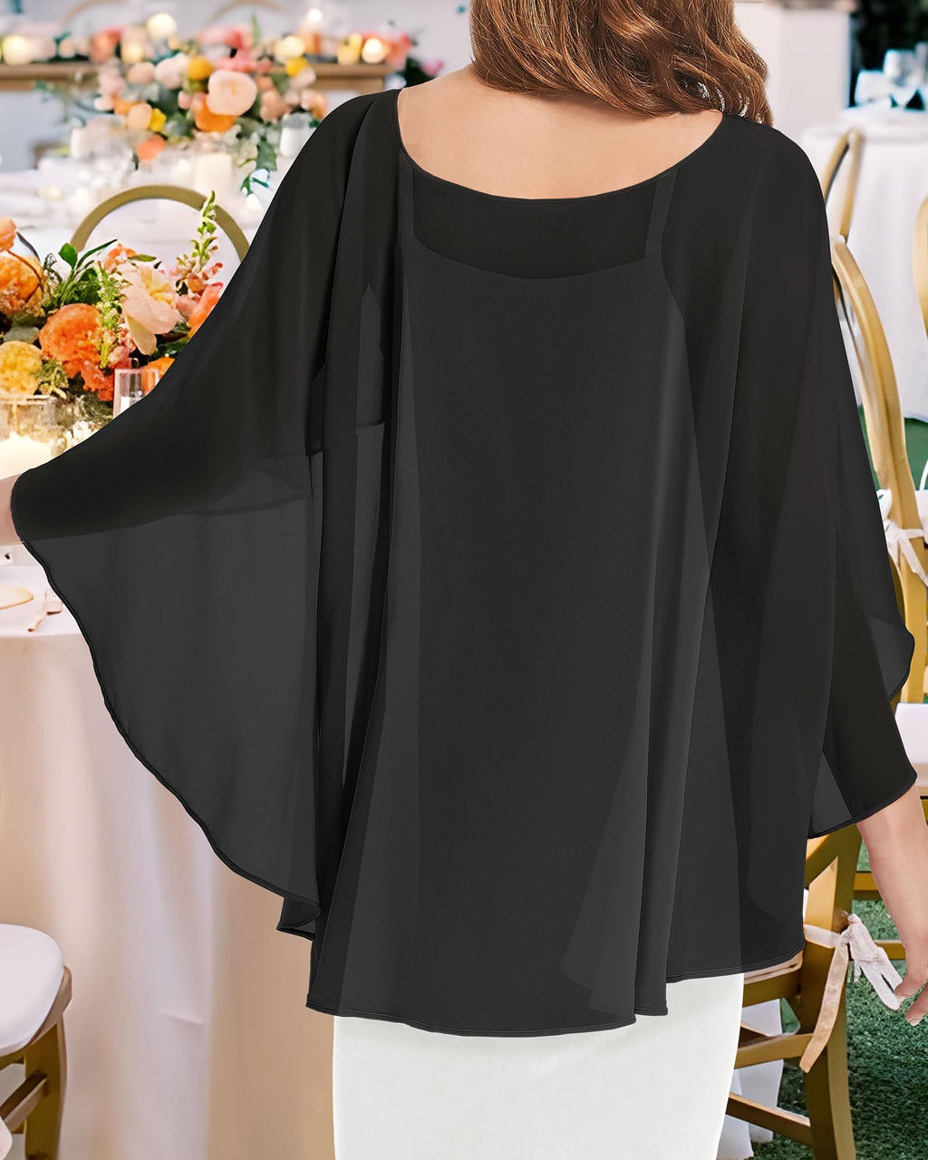 Chiffon Sheer Shawl Wraps Women's Girls Shrug for Evening Dress Wedding Cape Cover Up External sunscreen and skin covering(black）