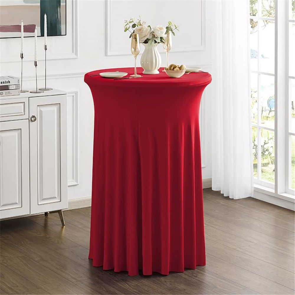 Round polyester Cocktail Tablecloth with Skirt, Elastic Fitted Highboy Bar Table Cloth 1 Pack, High Top Circular Base Adjustable Pub Table Cover for Wedding Party Banquet-Red（60*110cm）