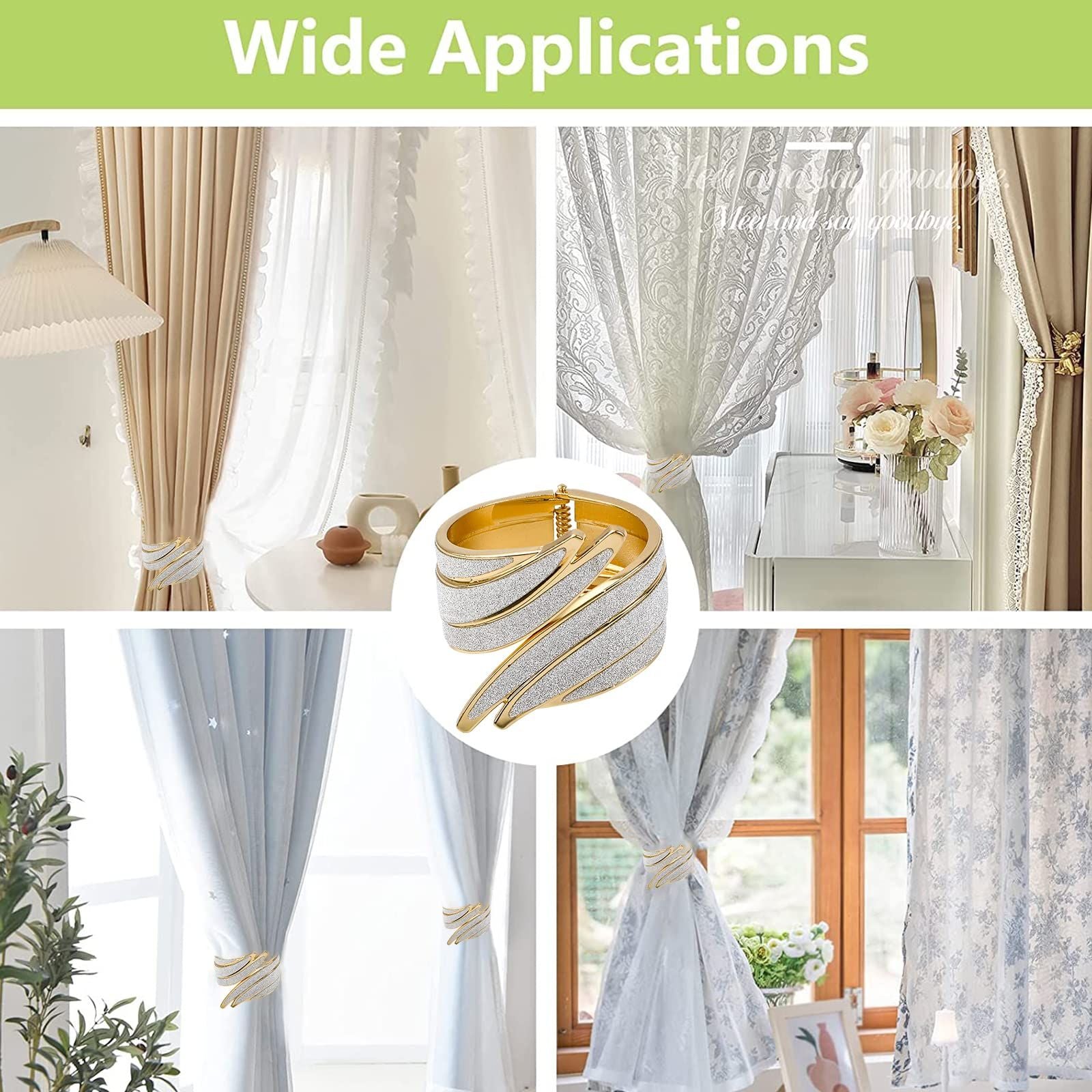 2-piece set of decorative sparkling wing curtains, lace up curtains, brushed spring clips, home office shoulder straps, gold metal