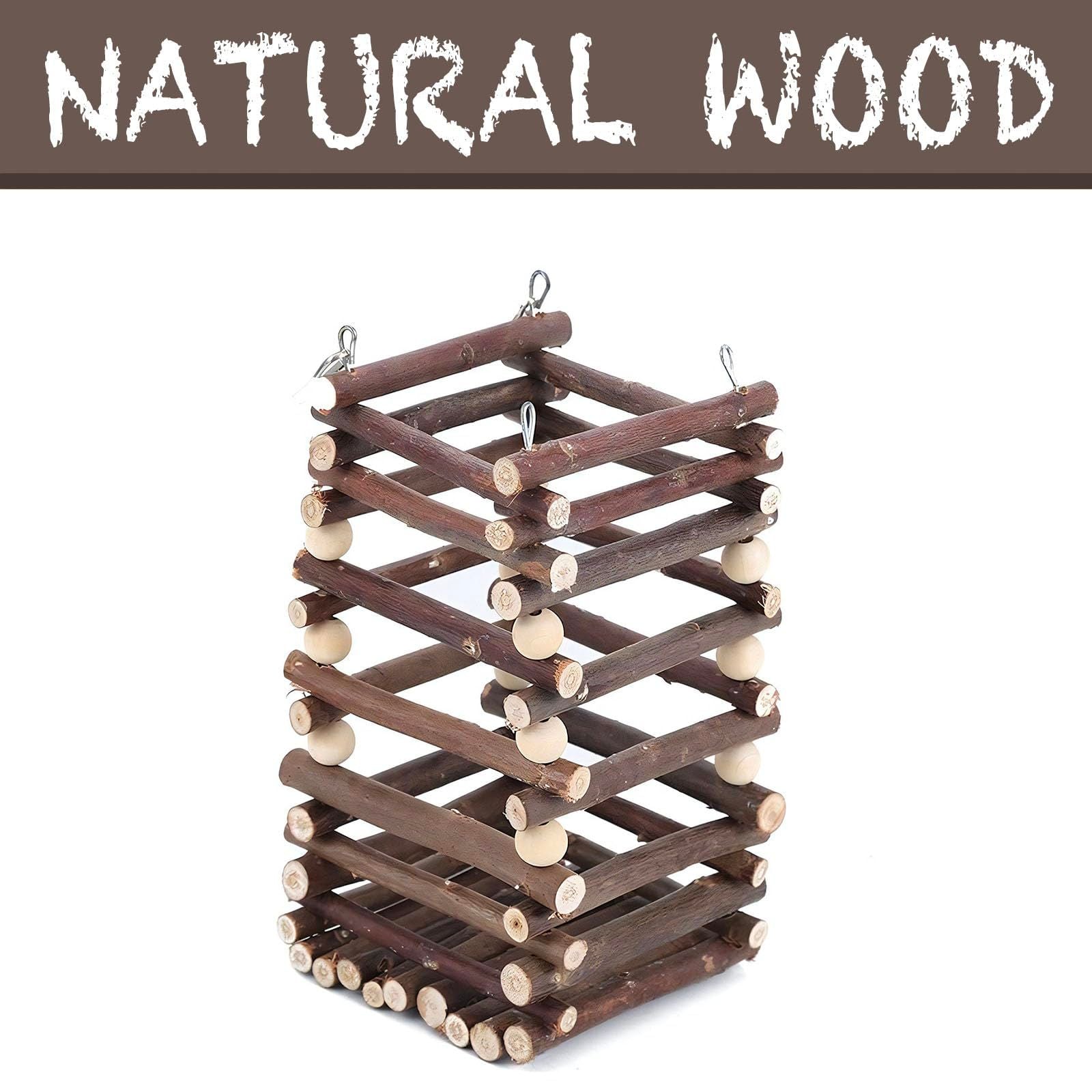 Hanging Apple Wood Rabbit Hay Feeder - Guinea Pig Grass Holder with 2 Hooks Biting Resistant Small Animals Chew Toy, Feeding Hay Manager Shelf （Add white bead style）