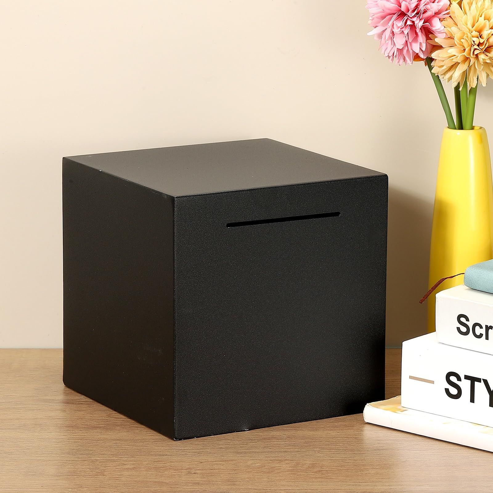 Adult bank stainless steel piggy bank, unbreakable cash and coin savings box piggy bank, children's gift piggy bank (black 15*15*15)