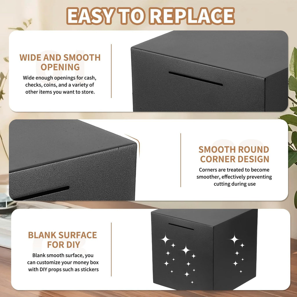 Adult bank stainless steel piggy bank, unbreakable cash and coin savings box piggy bank, children's gift piggy bank (black 15*15*15)