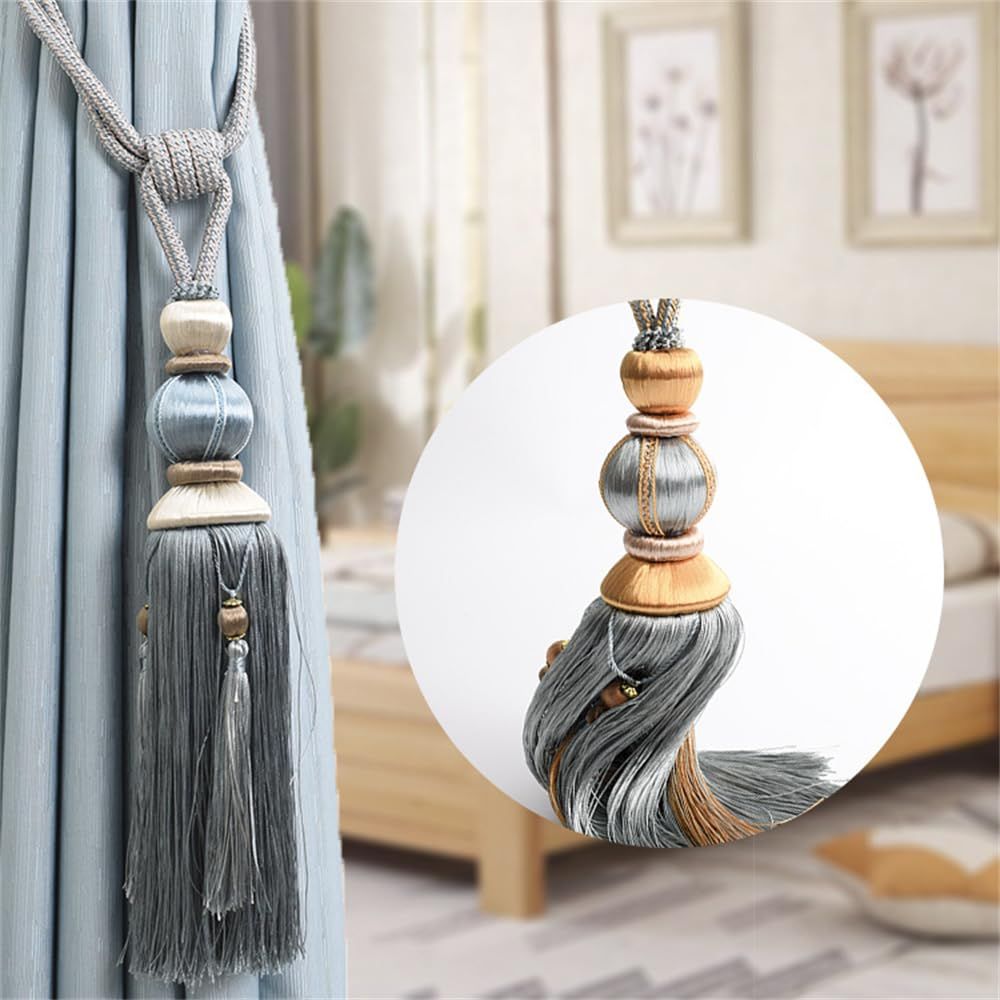 Paired Lantern Single Hanging Ball Tassels Curtains Buckle Sling Binding Lantern Tiebacks Handcrafted Braided Buckle Drapery Curtain Holdbacks Window Treatments for Home 2 Pack (Light Blue)