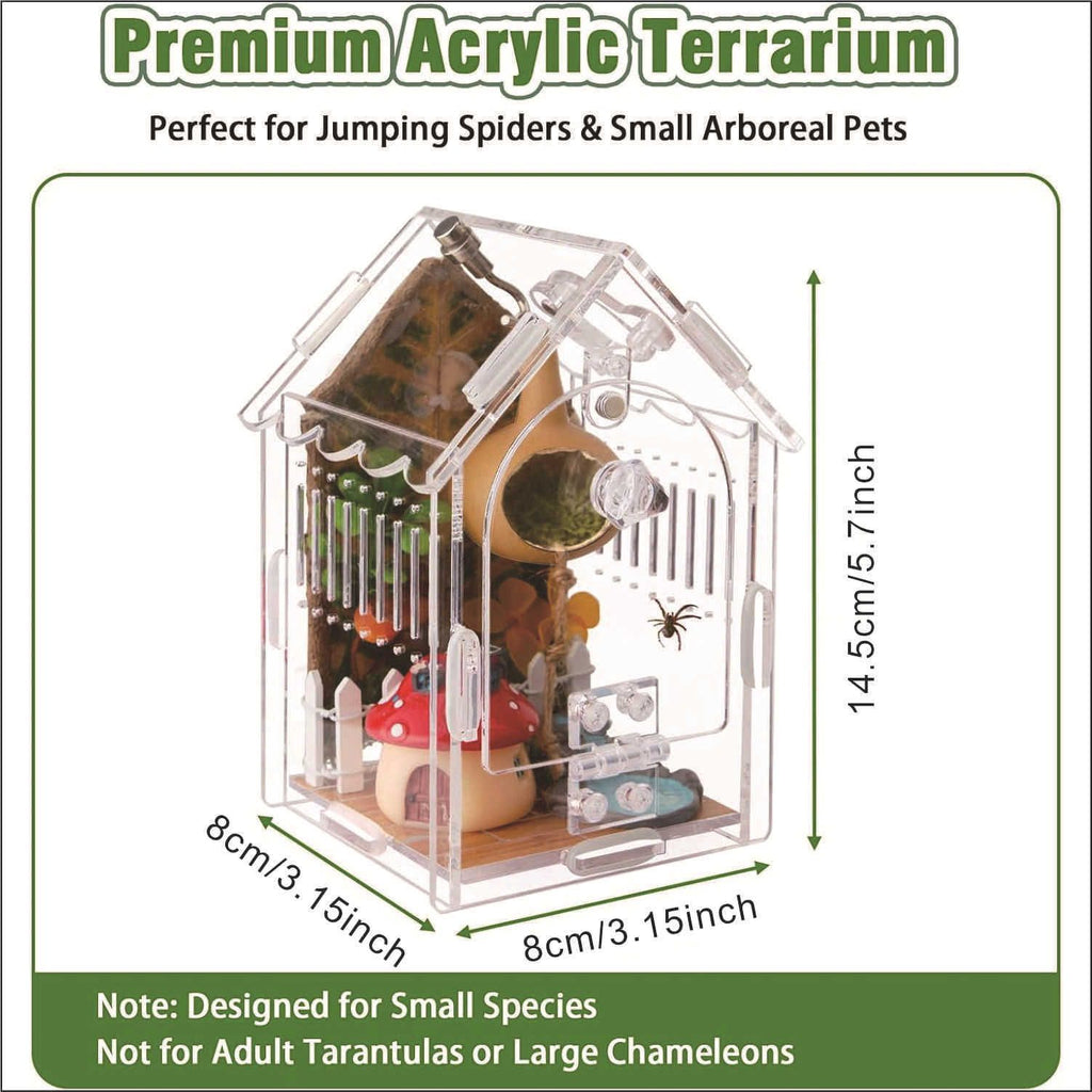 Jumping Spider Enclosure - Internal Dimensions  Acrylic Terrarium Kit for Tarantulas/Mantis/Reptiles with Magnetic Door, Ventilation & Easy Assembly（Single hinge page）