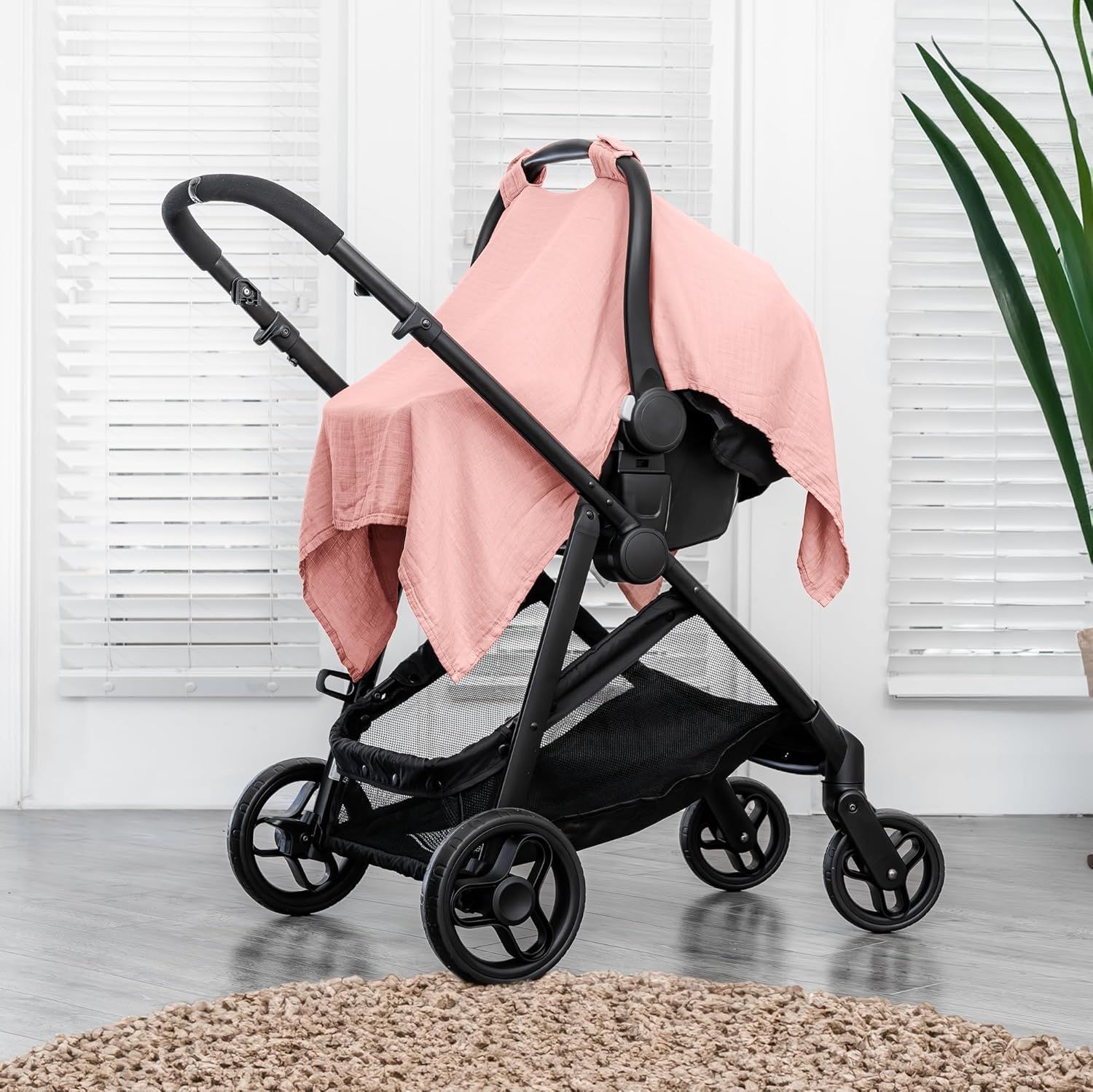 Baby car seat cover - soft, breathable - lightweight sunshade, sun protection, insect proof, comfortable - large-sized baby seat cover（pink）Only gauze