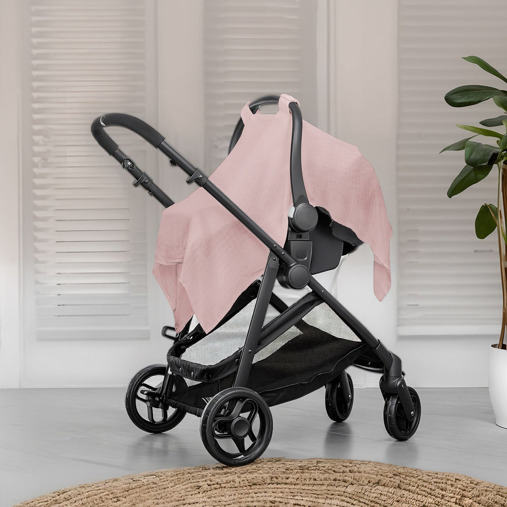Baby car seat cover - soft, breathable - lightweight sunshade, sun protection, insect proof, comfortable - large-sized baby seat cover（pink）Only gauze
