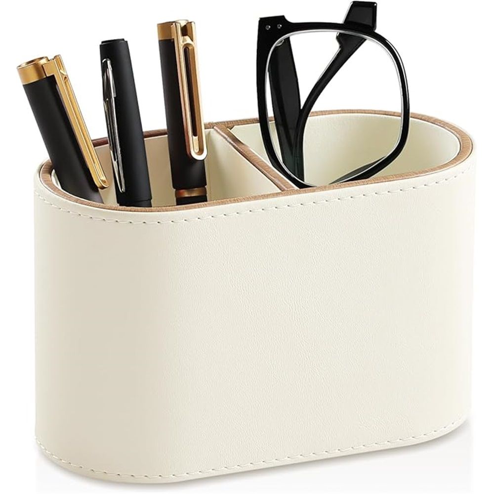PU Leather Pen Holder for Desk, Small Remote Control Holder Pencil Cup Multifunctional Desktop Organizer Caddy for Home School Office Desk Accessories - 2 Compartments (Beige)