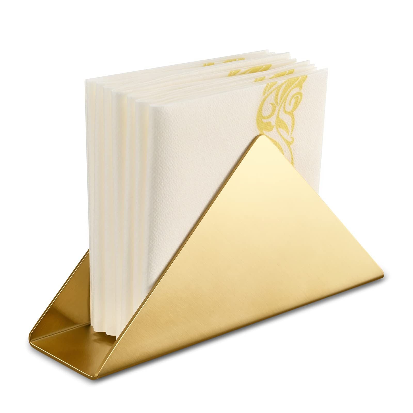 Gold Stainless Steel Napkin Holder, Modern Triangle Cocktail Napkin Dispenser Organizer for Kitchen Countertops, Dinner Tables, Picnic Tables