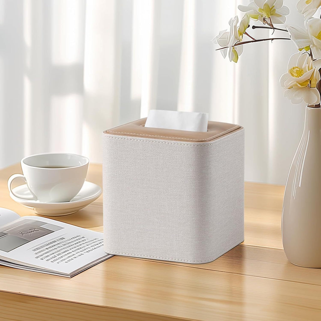 Square Linen Tissue Box Cover with Magnetic Closure, Modern PU Leather Tissue Box Holder for Bathroom Vanity Countertop Night Stands Bedroom Office Desk, Stylish Cube Tissue Holder (Hemp oak)