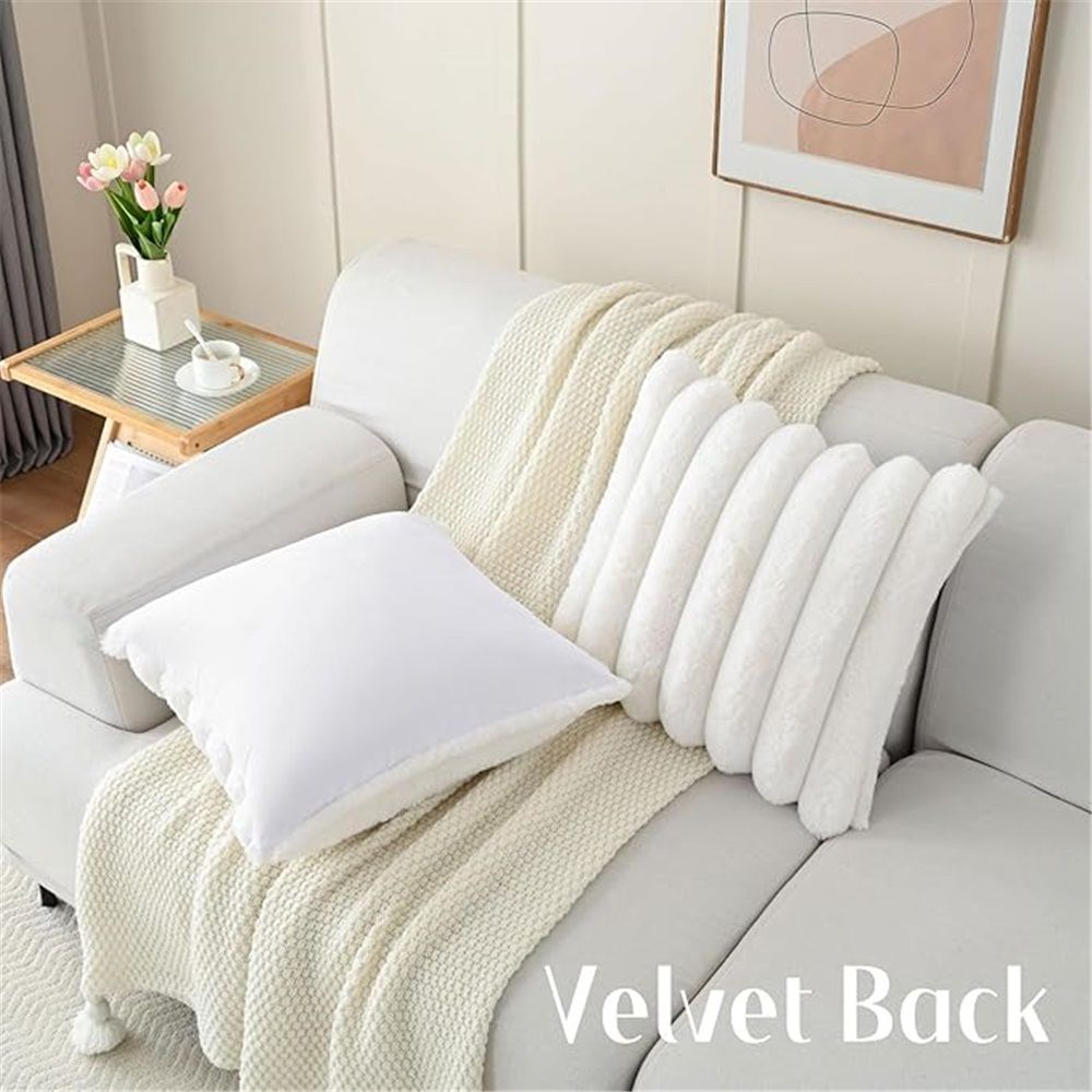 Cream White Decorative Throw Pillow Covers 18x18 Inch Set of 2, Square Soft Faux Rabbit Fur Thick Striped Cushion Cover,Winter Home Decor for Couch Bed Living Room（45 * 45cm without core）