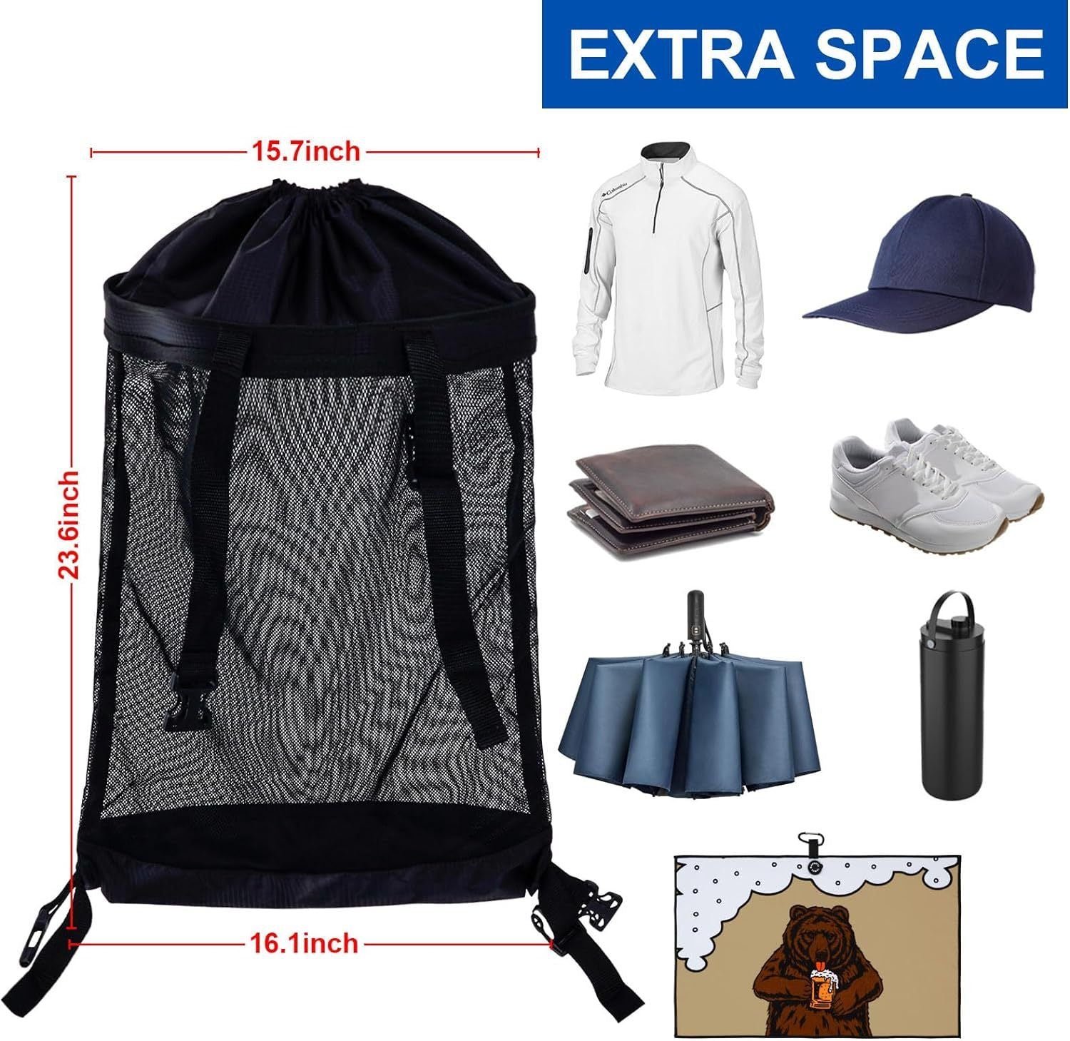 Golf Push Cart Storage Bag,Golf Cart Organizer, Backside Extension Storage Bag,Closure Push Cart Net Mesh Accessories（black 60x41cm）