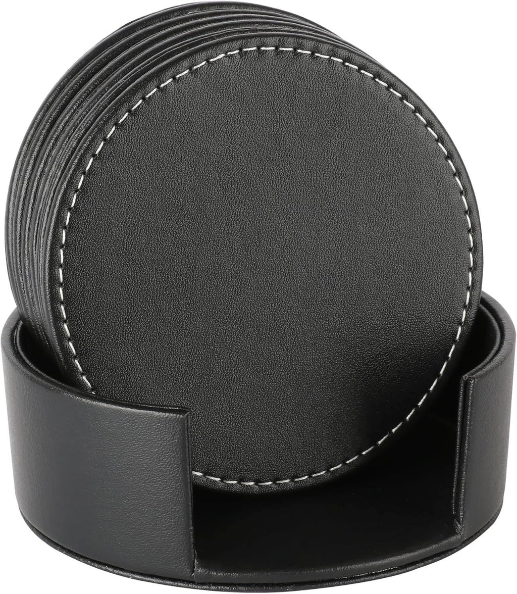 Drinks Coasters with Holder, Pu Leather Coaster Sets of 6 for Tabletop Protection Cup Mat for Drinks 4 Inches (Black)