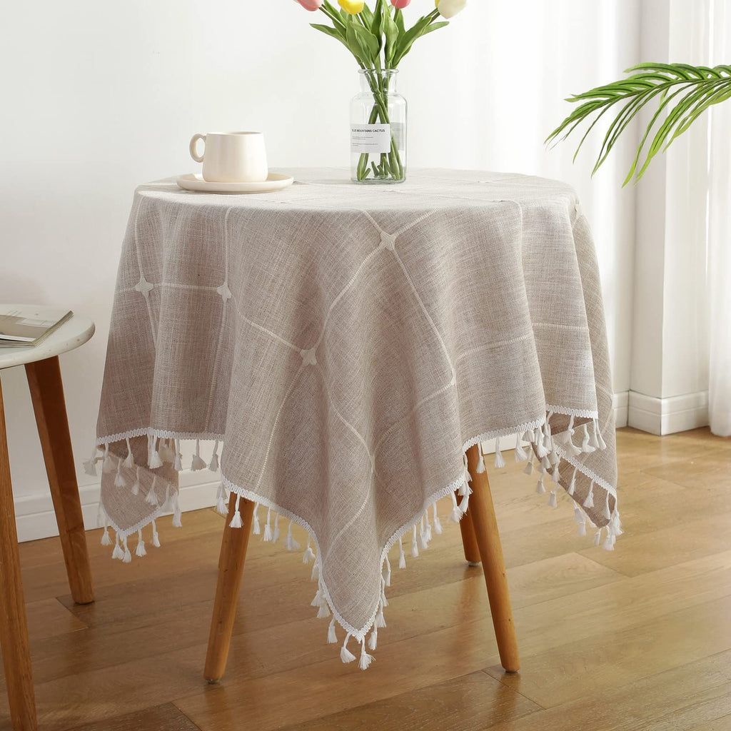 Square Lattice Small Tablecloth Cotton Linen Light Brown Dust-Proof Washable Boho Embroidery Table Cover Rustic Table Cloth for Coffee Party Kitchen Dining Tabletop Decoration 100*140cm