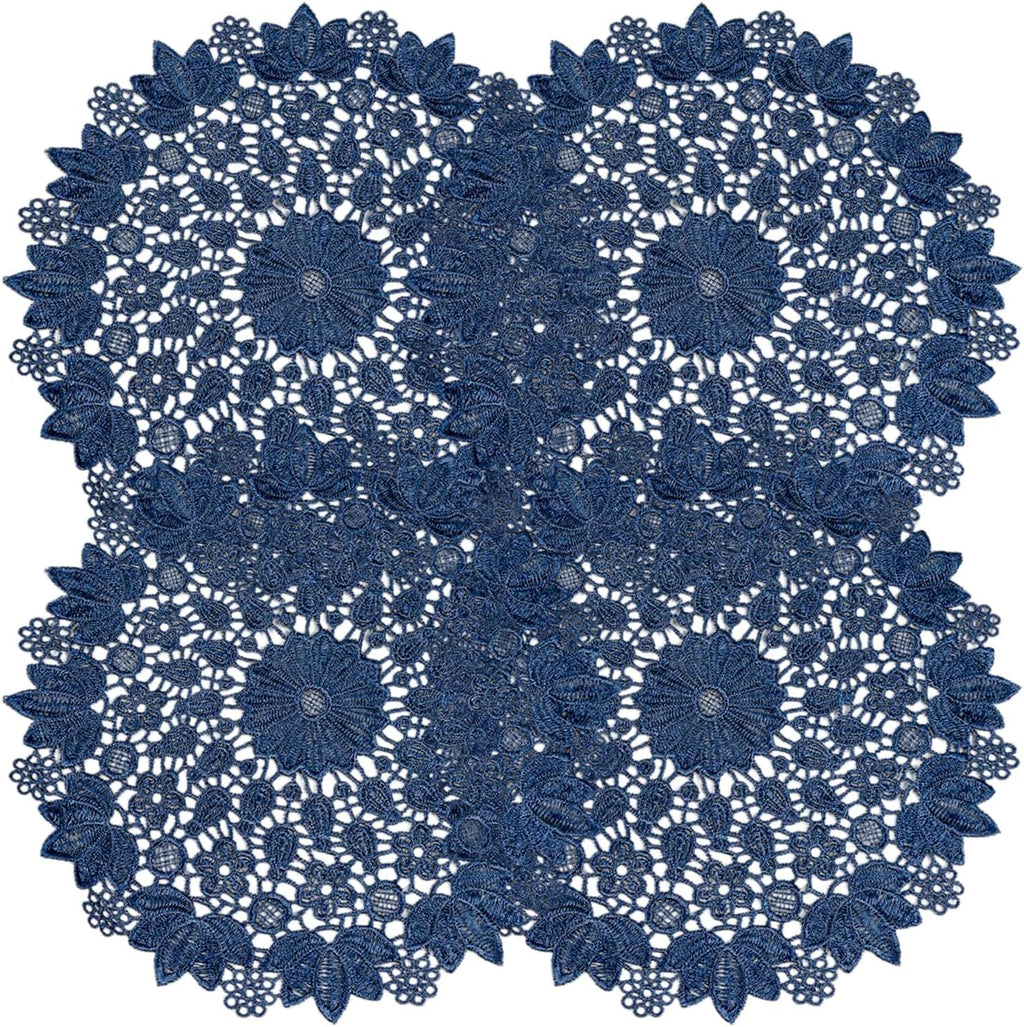 Blue embroidered heat-insulating coaster with anti slip hollow embroidery lace placemat, bowl and dish mat, ethnic style ornament（25cm）