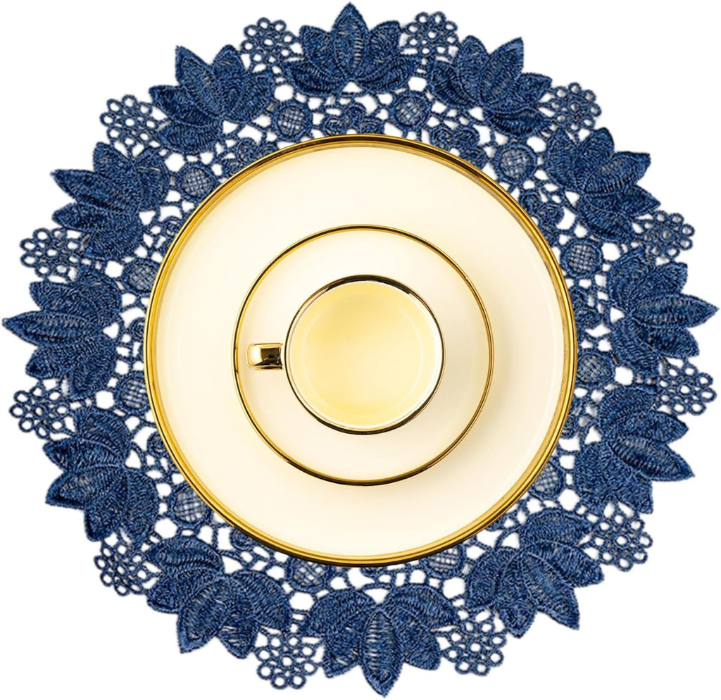 Blue embroidered heat-insulating coaster with anti slip hollow embroidery lace placemat, bowl and dish mat, ethnic style ornament（25cm）