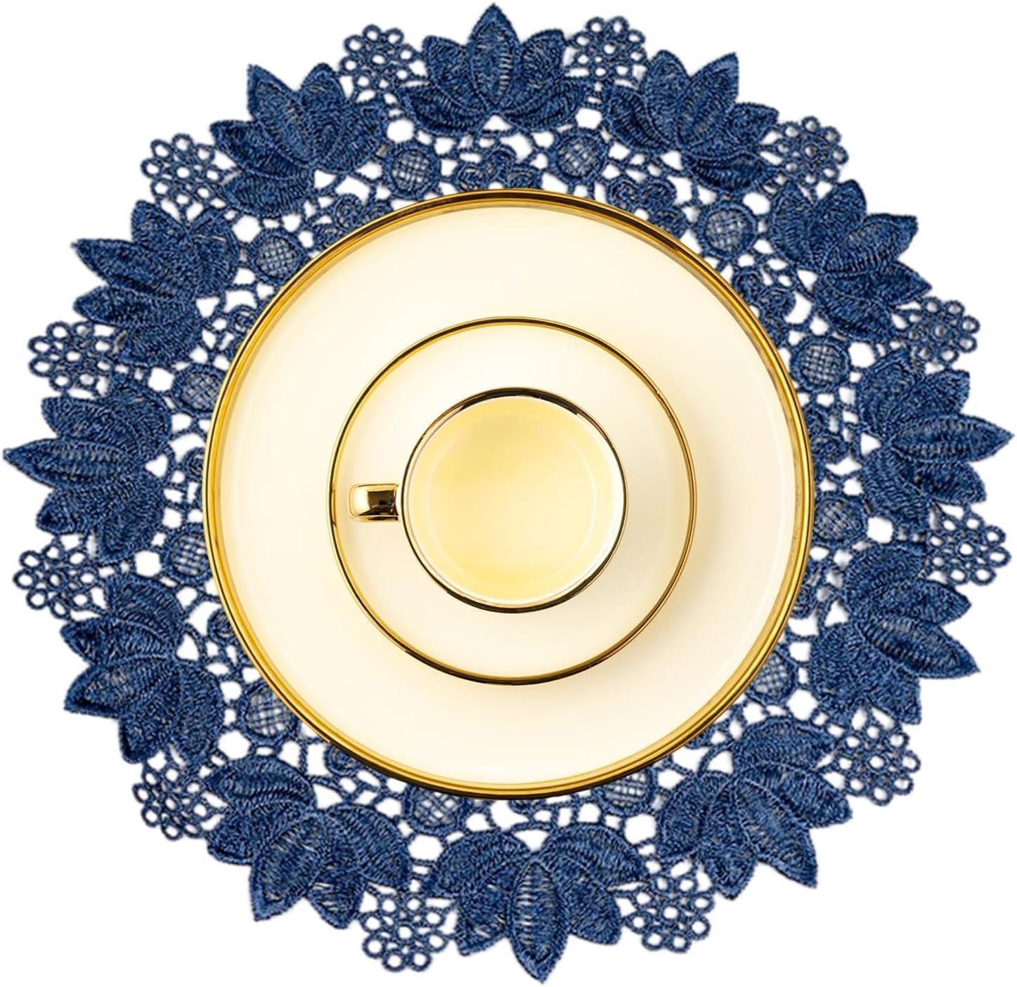 Blue embroidered heat-insulating coaster with anti slip hollow embroidery lace placemat, bowl and dish mat, ethnic style ornament（25cm）