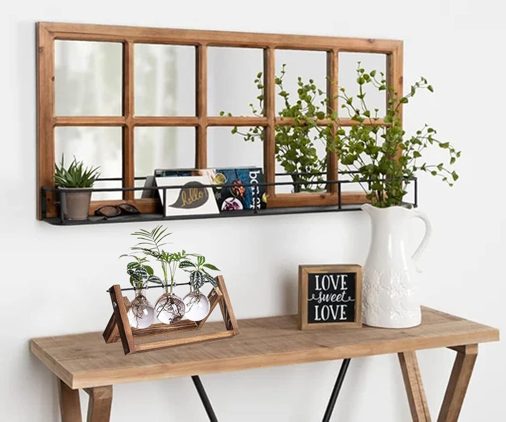 Plant Terrarium Propagation Station - 3 Glass Bulb Vases with Retro Wooden Stand Boho Desktop Planter for Hydroponics Home Garden Indoor Home Office Decor Unique Gifts for Women