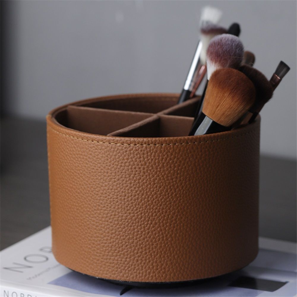 Round Leather Art Supply Organizer,Remote Control Holder,360 Degree Spinning,Multi-Functional Pencil Holder,4 Compartments Desktop Stationary Organizer（brown）