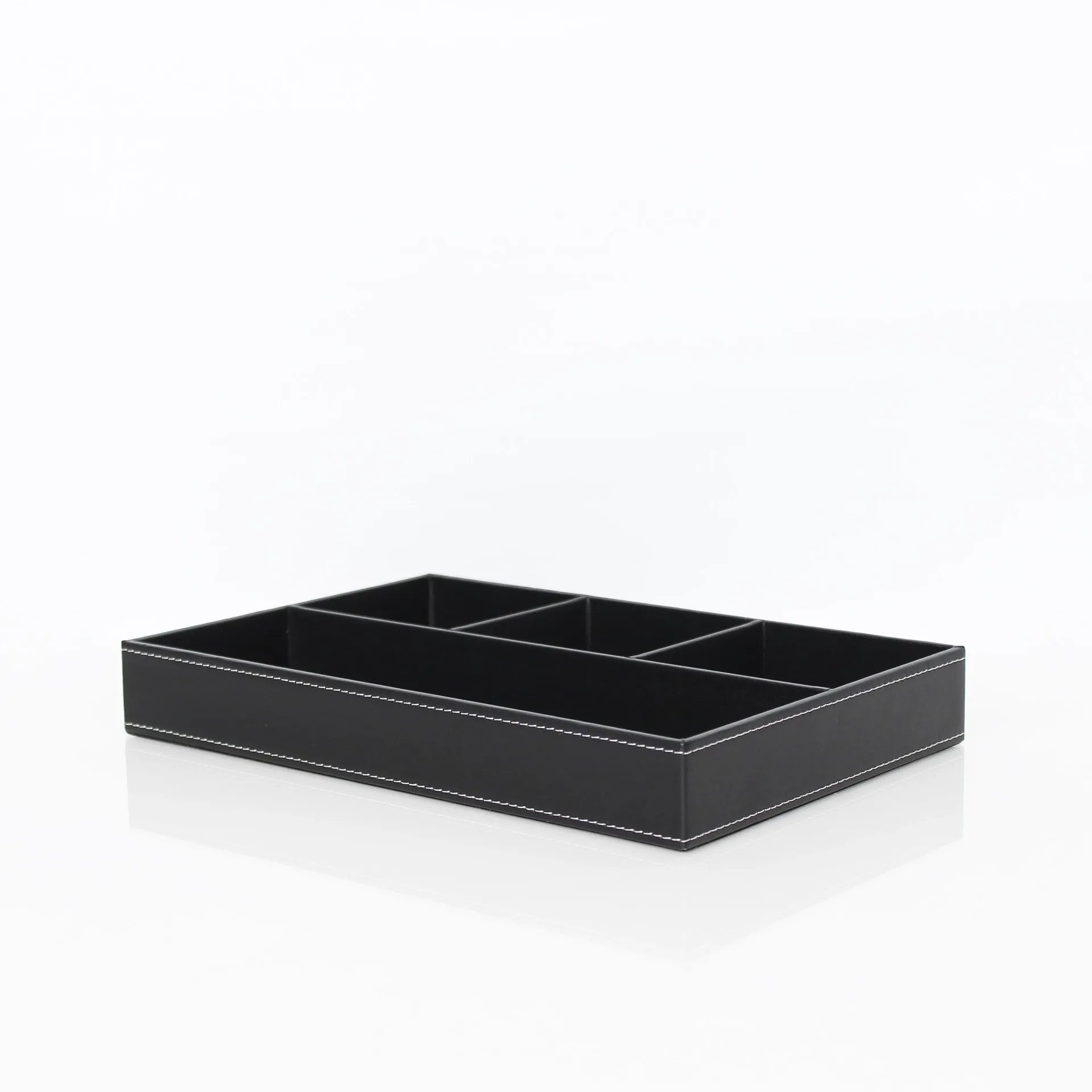 Jewelry Storage Case Black Leather Tray Organizer with 4 Compartments Desktop and Dresser Valet Tray for Jewelry Accessories(Black)