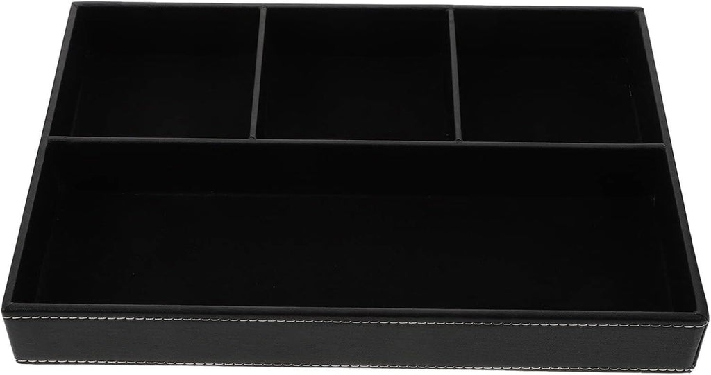 Jewelry Storage Case Black Leather Tray Organizer with 4 Compartments Desktop and Dresser Valet Tray for Jewelry Accessories(Black)