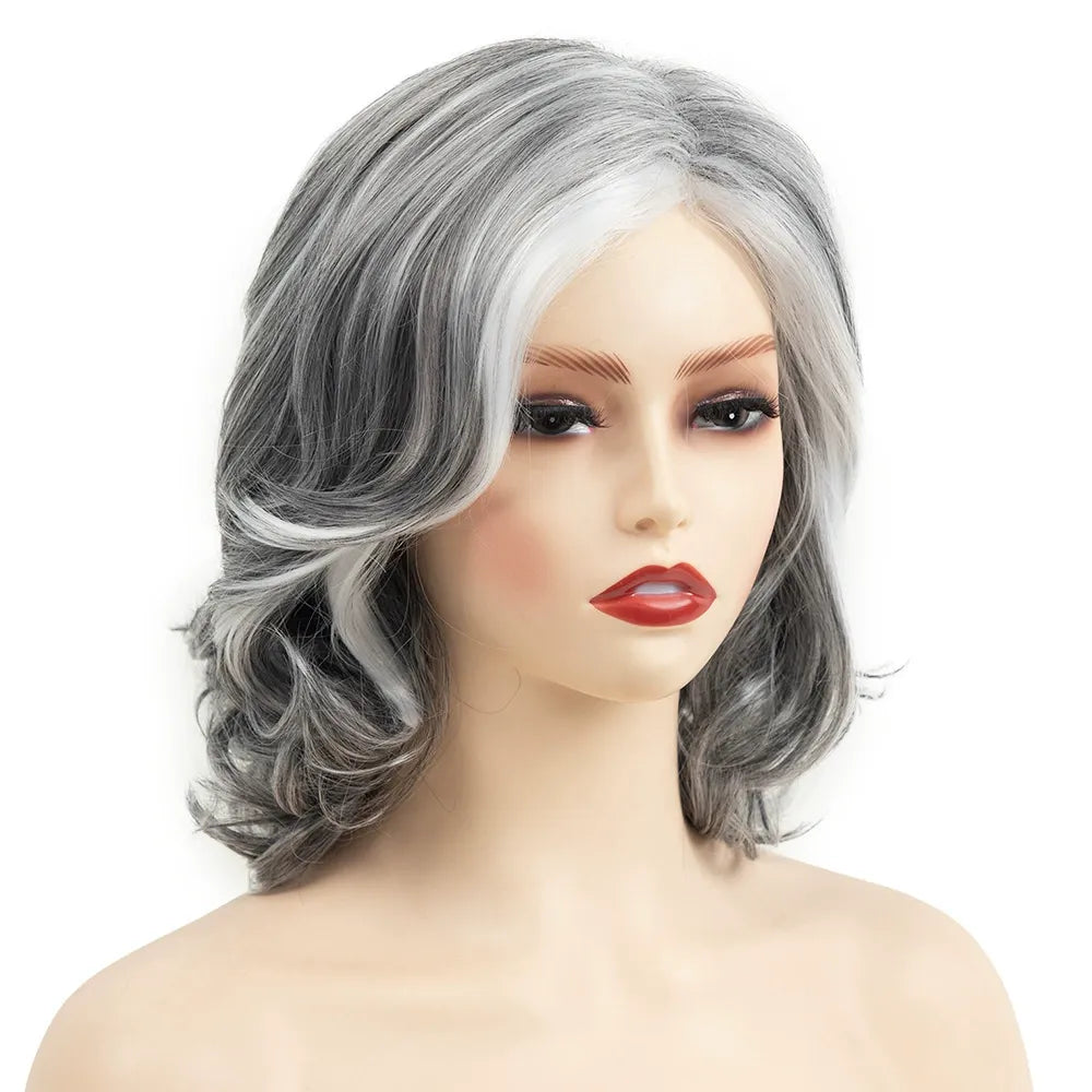 Grey Curly Wavy Wig for Women Mid-Length Gray Synthetic Natural Looking Heat Resistant Halloween Cosplay Wig